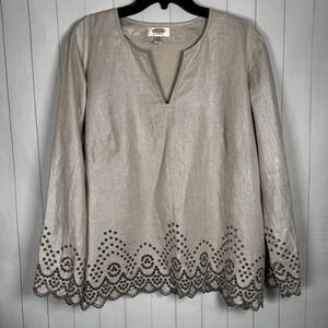 Talbots 100% Linen Beige Tunic Top Perforated Embroidery Peasant Lagenlook 14W